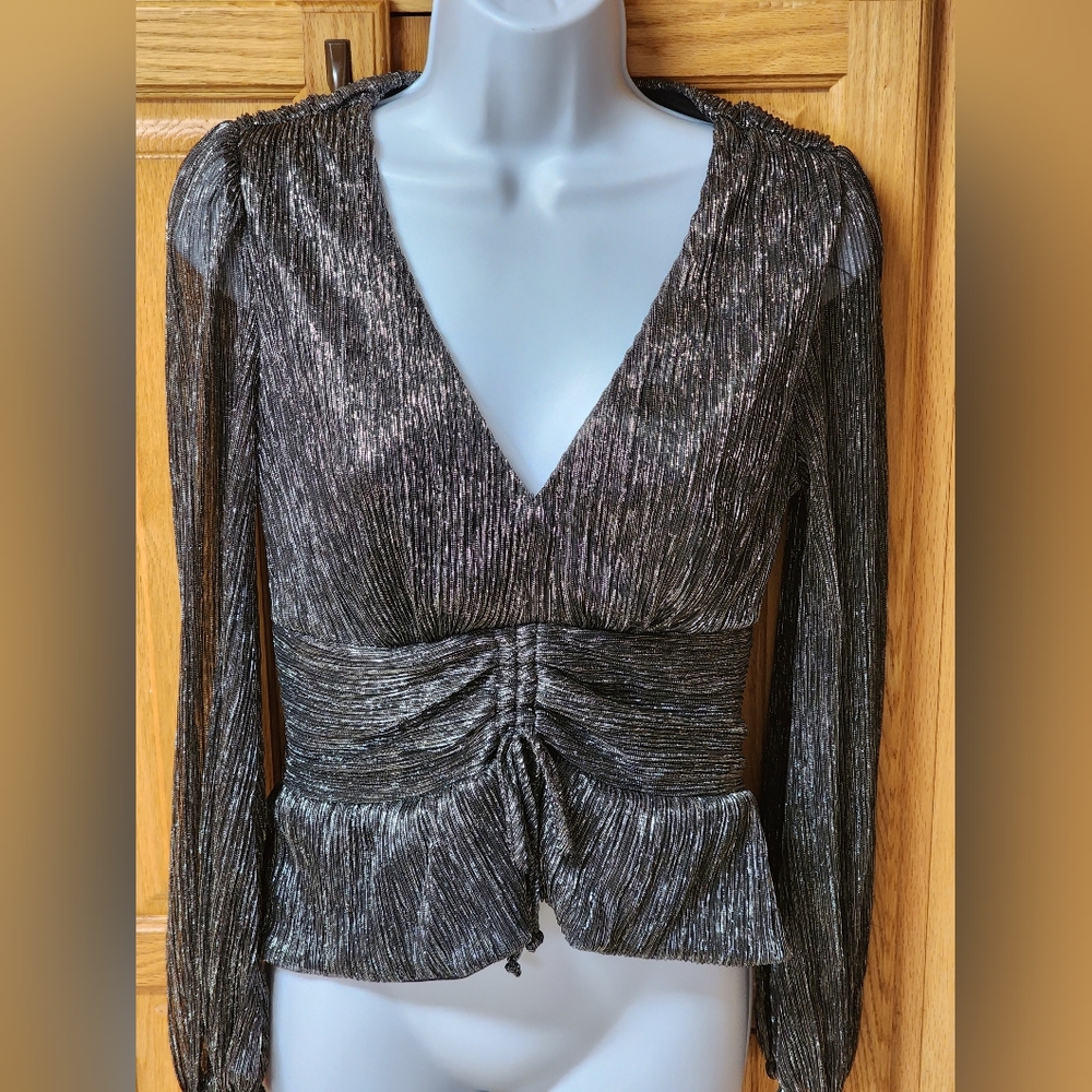 Sofia Jeans by Sofia Vergara M Black Shimmer Peplum Sheer Long Sleeves NWT